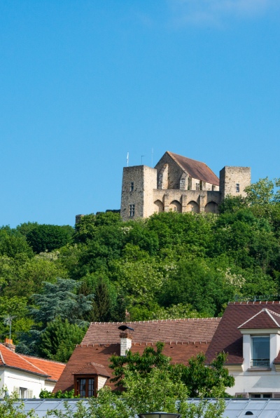 Château médiéval dominant un village, illustrant notre zone d'intervention en Essonne